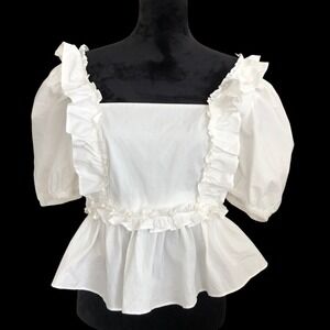 English Factory White Puff Sleeve Cottagecore Babydoll Ruffle Women's Top M